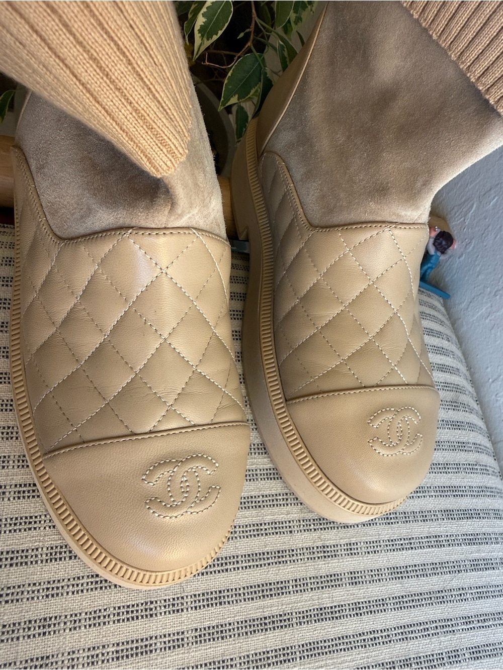 Chanel Quilted Tan Knit-Cuff Ankle Boots